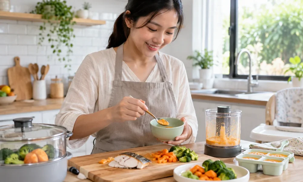 Ibu menyiapkan makanan berbahan ikan untuk bayi di dapur