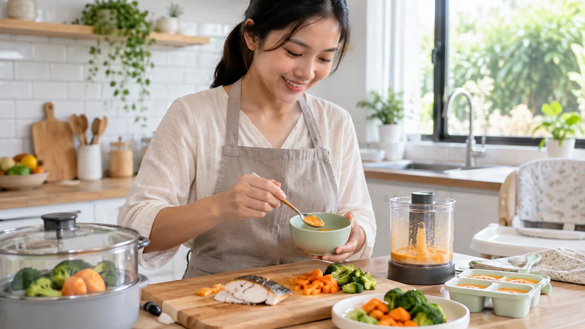 Ibu menyiapkan makanan berbahan ikan untuk bayi di dapur